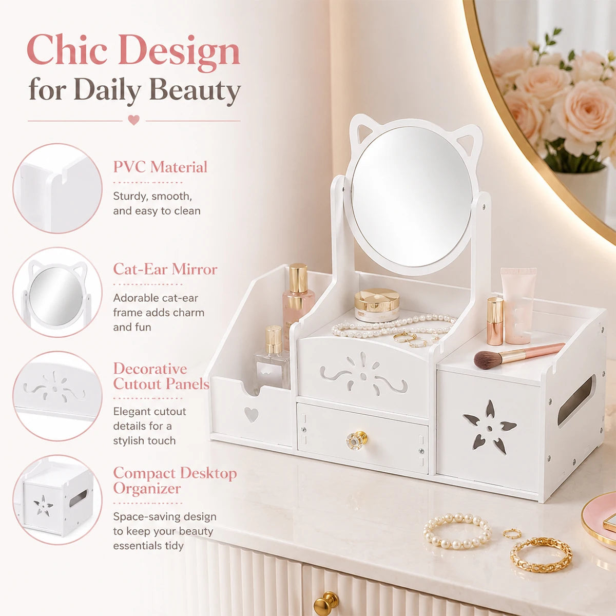 Cat Ear Makeup Organizer with Mirror & Drawers – White Makeup Organizer Richie's