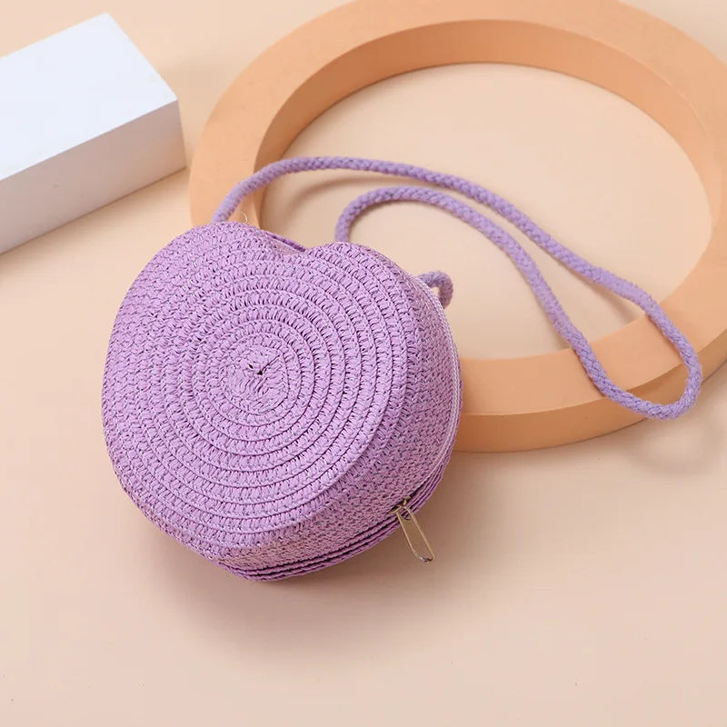 Woven Straw Crossbody Bag & Heart Coin Purse – Kids Beach Bag Woven Crossbody Bag Richie's purple 11x11x6cm