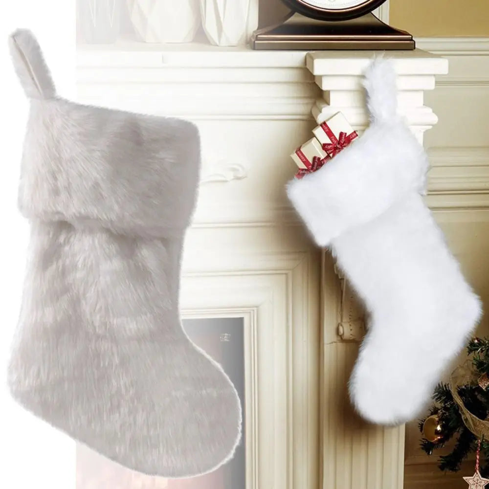 White Furry Christmas Stocking Plush Gift Bag Xmas Decoration Christmas Stocking Richie's White-