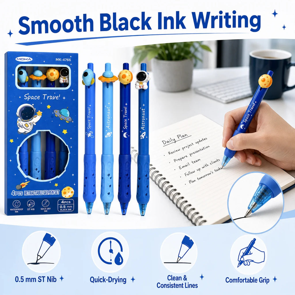 4-Pack Space Astronaut Topper Retractable Gel Pens 0.5mm Black Ink Retractable Gel Pens Richie's