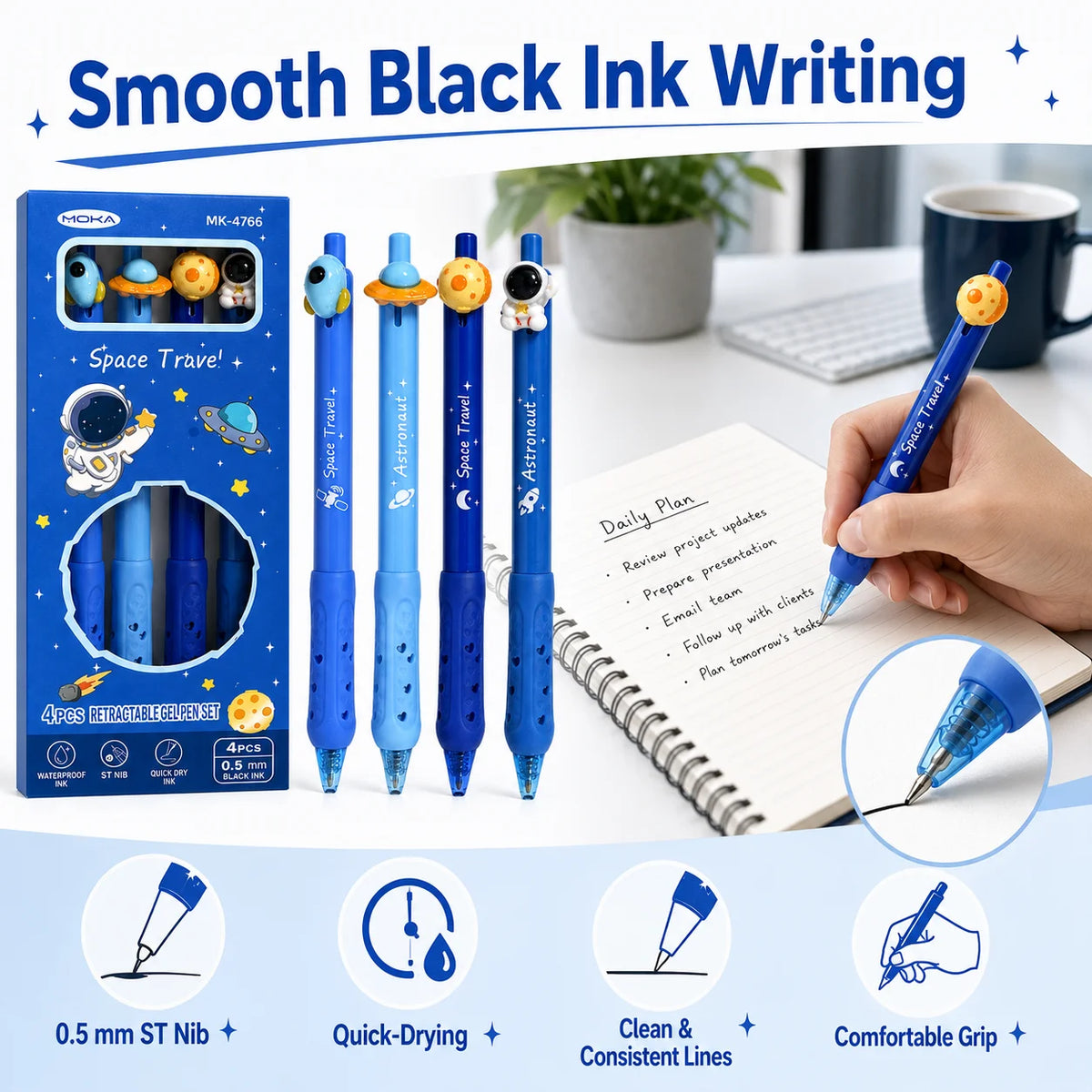 4-Pack Space Astronaut Topper Retractable Gel Pens 0.5mm Black Ink Retractable Gel Pens Richie's