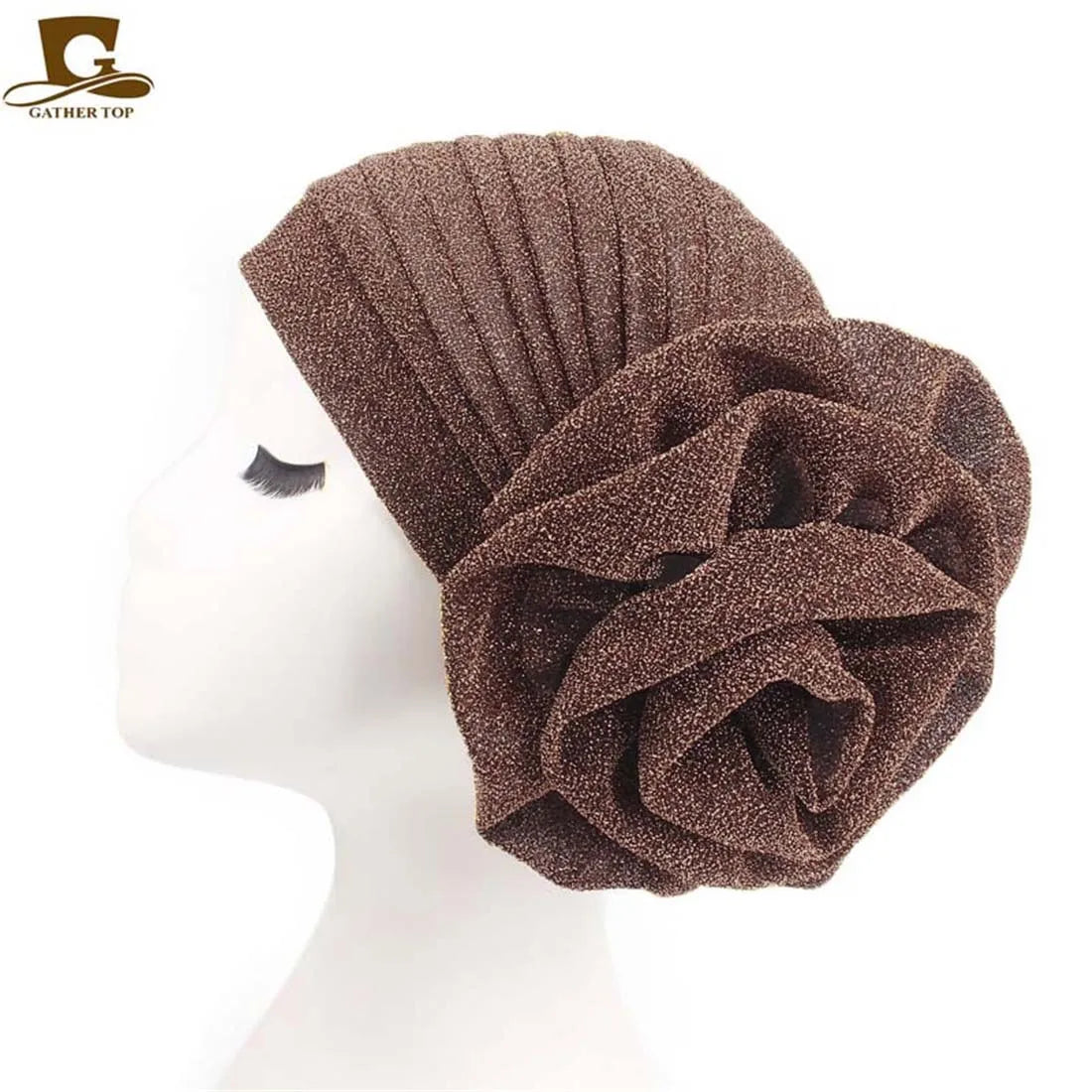 Women Pleated Flower Turban Hat Stretch Hijab Cap Head Wrap Turban Hijab Cap Richie's coffee