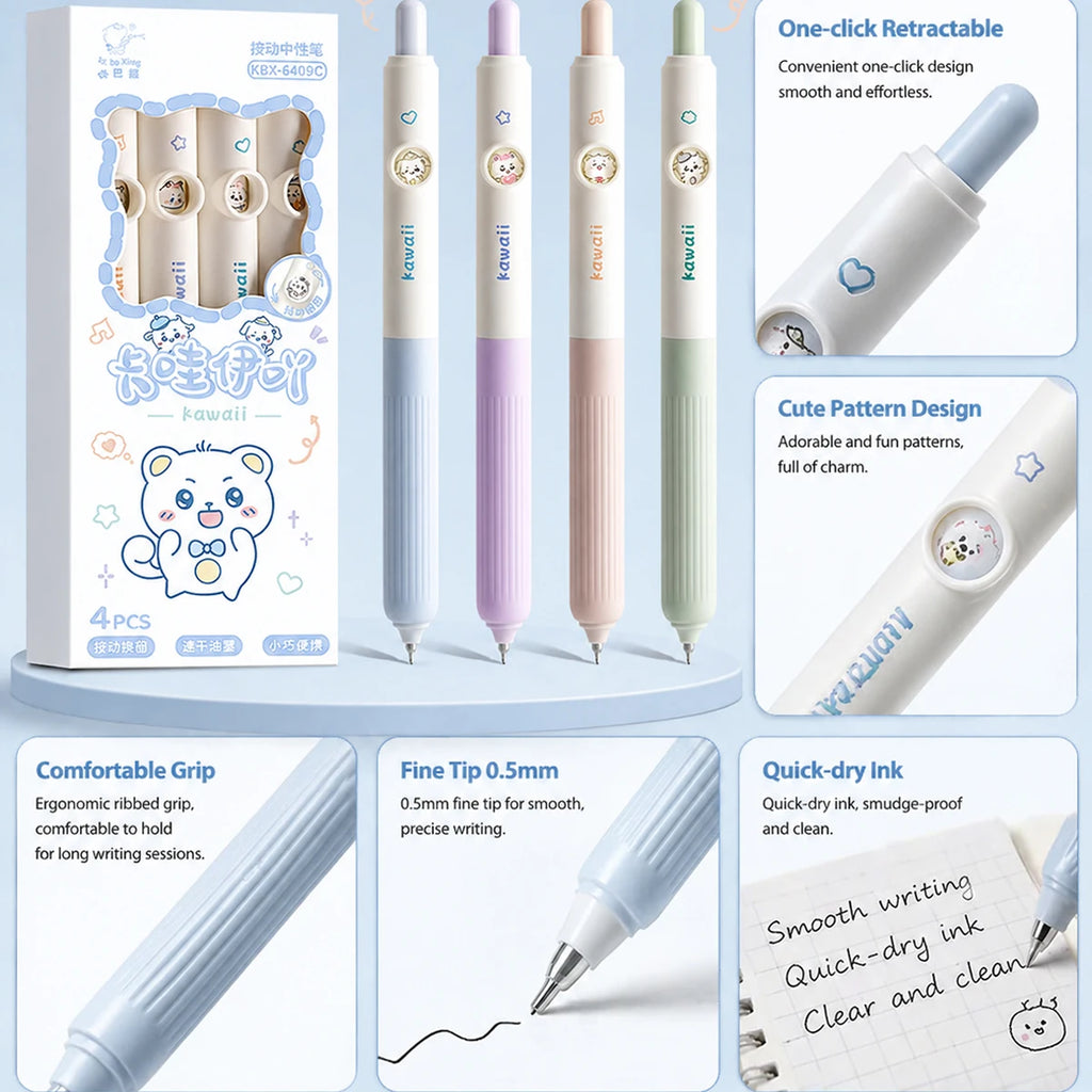 4pcs Kawaii Bear Gel Pens – 0.5mm Black Ink Retractable Set Gel Pen Set Richie's