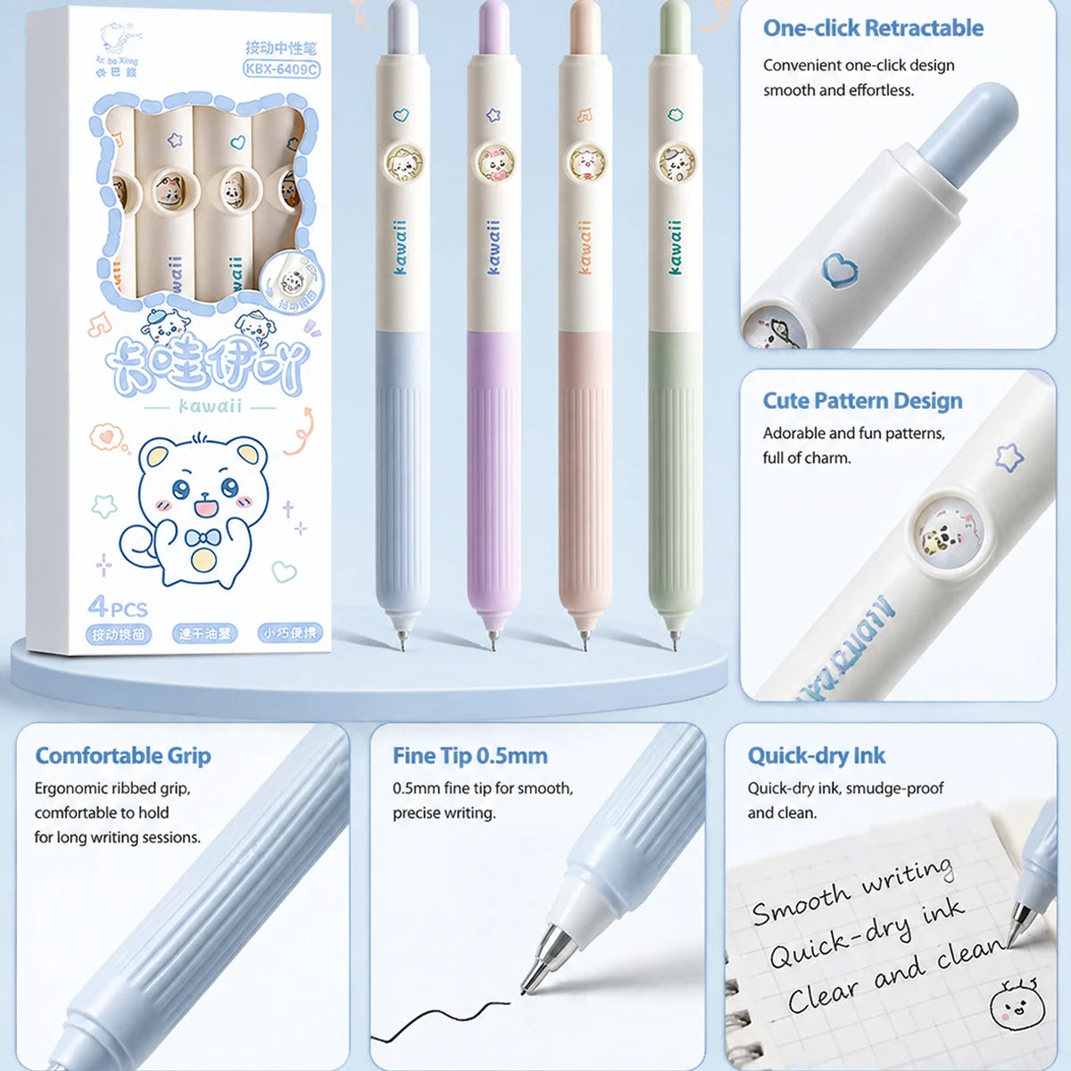 4pcs Kawaii Bear Gel Pens – 0.5mm Black Ink Retractable Set Gel Pen Set Richie's