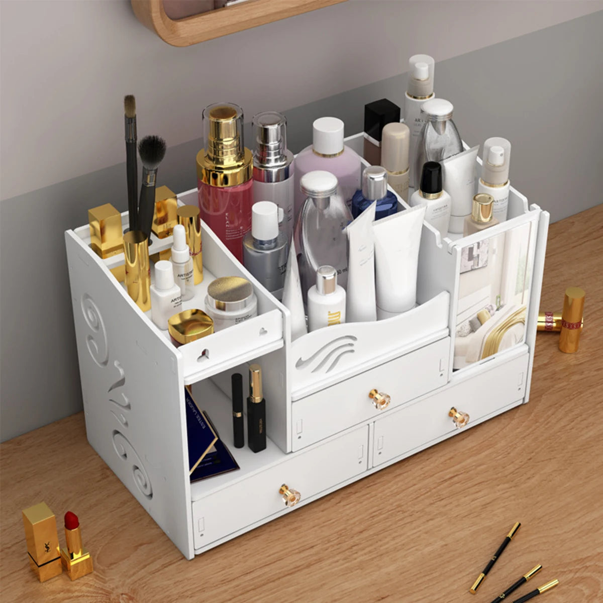 Makeup Organizer with Mirror & 5 Drawers | Large Cosmetic Cabinet Cosmetic Storage Cabinet Richie's