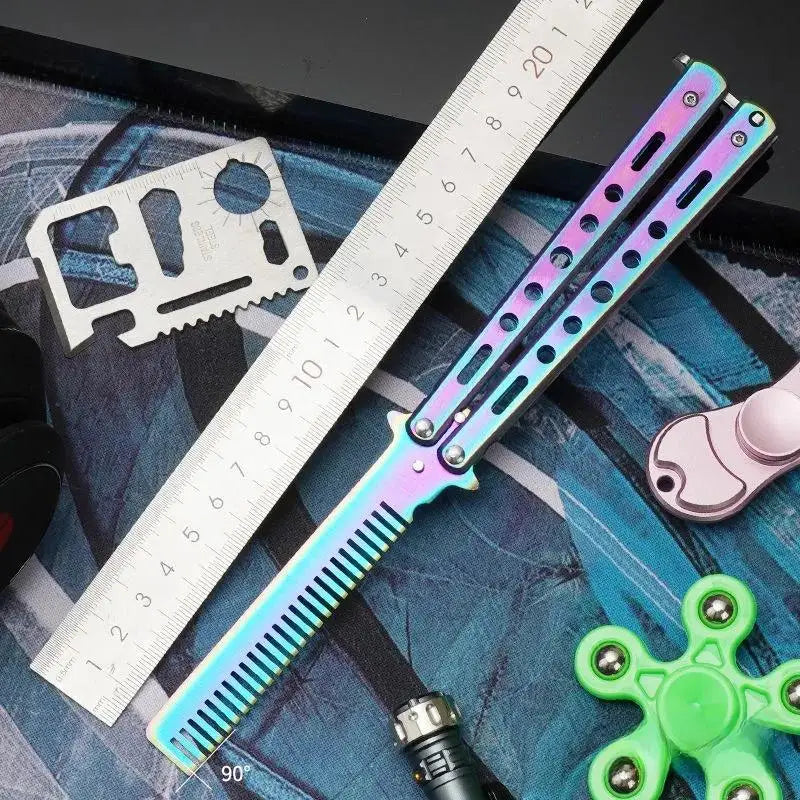 Butterfly Knife Practice Comb – Foldable Stainless Steel Beard Comb Butterfly Knife Comb Richie's Seven Colors