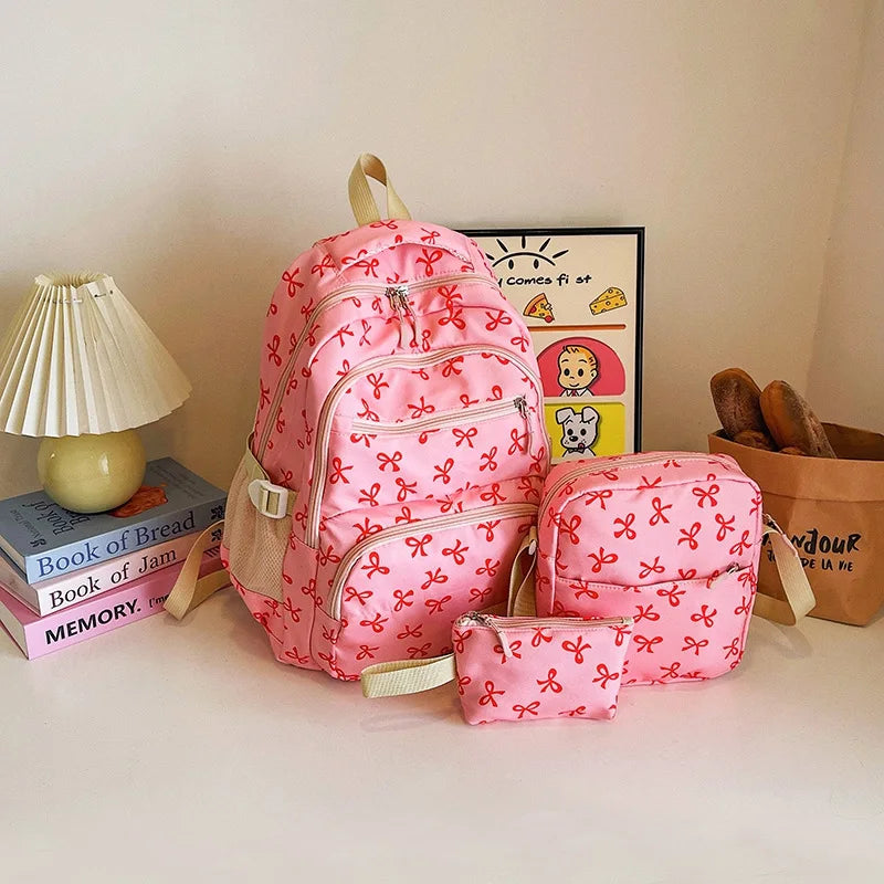 3-Piece Bow Backpack Set – Large Capacity Nylon School Bag Backpack Set Richie's rose red
