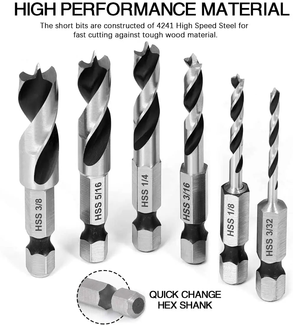6-Pc HSS Brad Point Stubby Drill Bit Set – 1/4" Hex Shank Wood Drill Bit Set Richie's