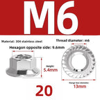 304 SS Hex Flange Nuts M3–M8 Anti-Loosening Serrated Hex Flange Nuts Richie's 304 M6 20pcs