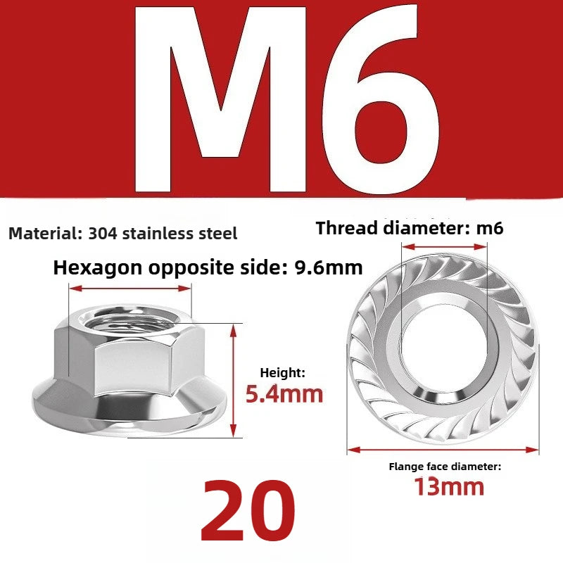 304 SS Hex Flange Nuts M3–M8 Anti-Loosening Serrated Hex Flange Nuts Richie's 304 M6 20pcs