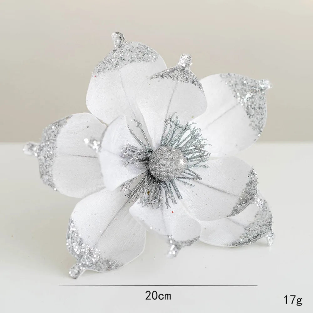 20cm Christmas Artificial Glitter Flowers Xmas Tree Ornaments Christmas Tree Ornament Richie's White
