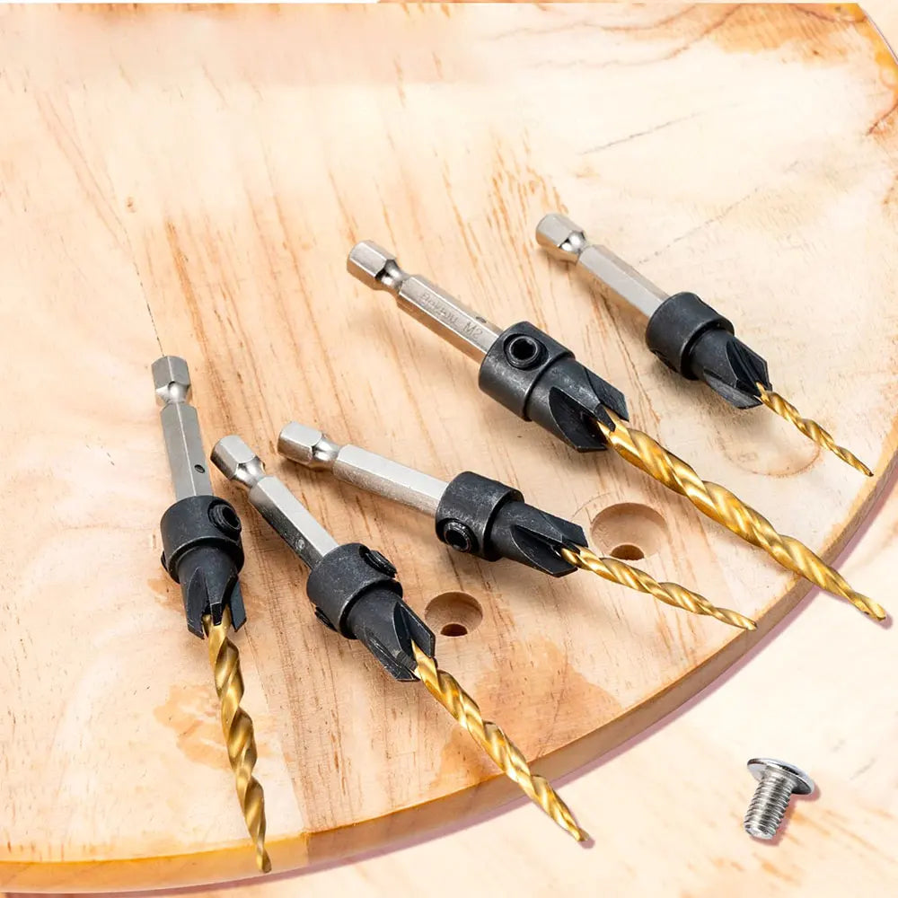 Wood Countersink Drill Bit Set 5/7Pc SAE Tapered 1/4" Hex Shank Countersink Drill Bits Richie's
