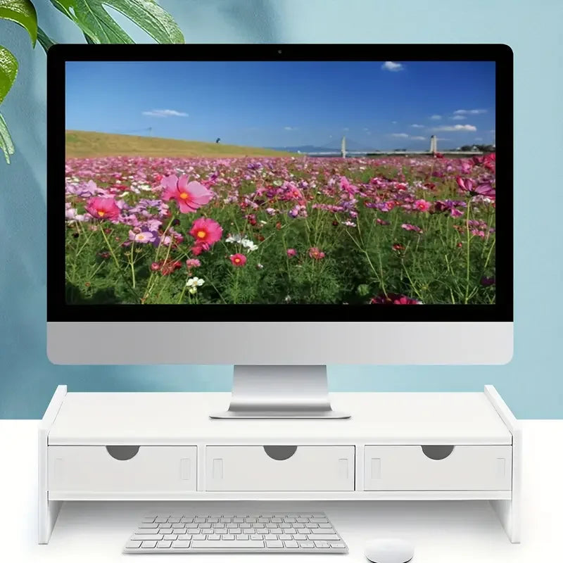 White Wooden Monitor Stand Riser with 3 Drawers | Desk Organizer Monitor Stand Riser Richie's