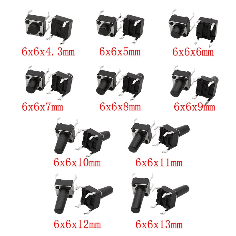 200Pcs 6x6mm Tact Switch Kit – 10 Heights, 4-Pin PCB Momentary Tactile Switch Kit Richie's