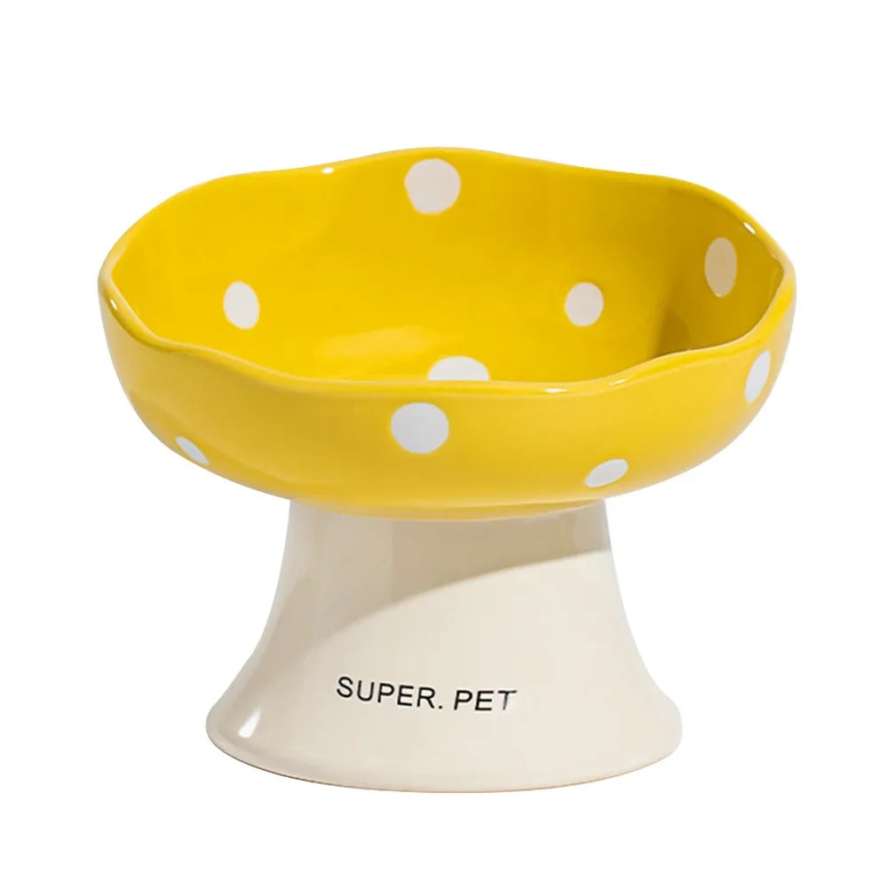 Ceramic Slanted Cat Bowl | Mushroom Design, Anti-Knockover Ceramic Pet Bowl Richie's 2-Yellow