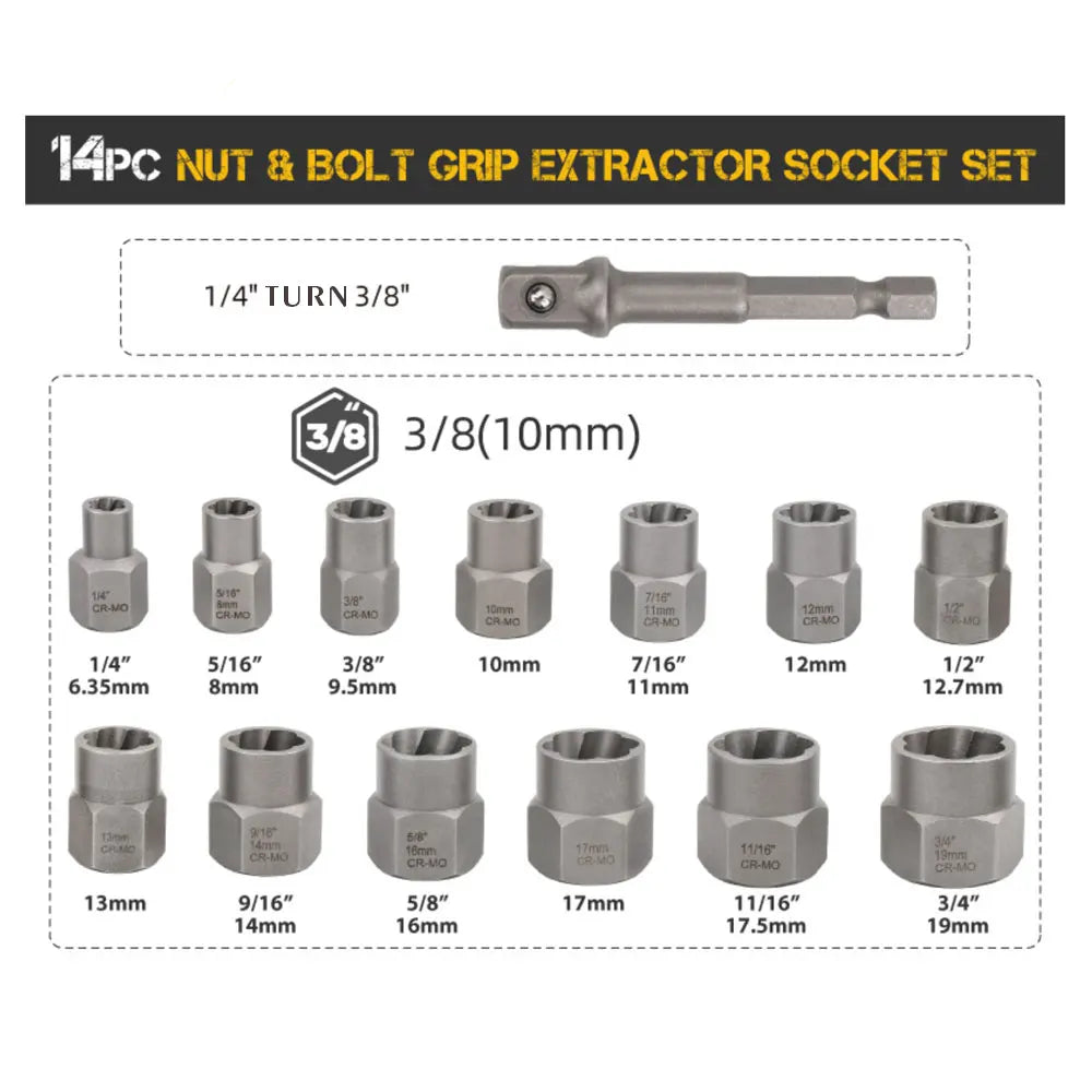 14-Piece Impact Bolt & Nut Remover Set – Cr-Mo Steel Extractor Bolt Extractor Set Richie's