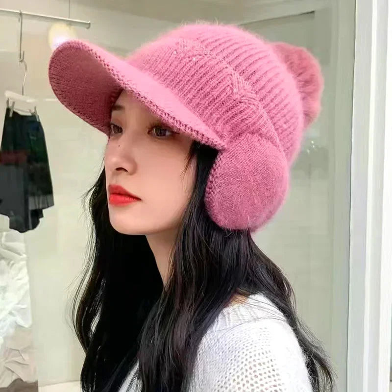 Women's Knitted Earflap Hat with Pompom – Winter Earmuff Cap Winter Knit Hat Richie's 05