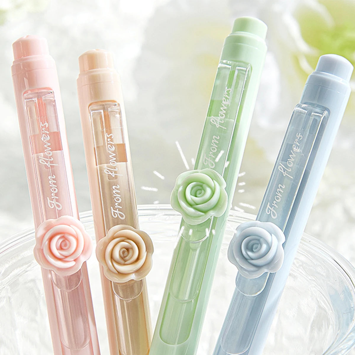 4Pcs Floral Rose Gel Pens 0.5mm Black Ink Pastel School & Office Gel Pen Set Richie's
