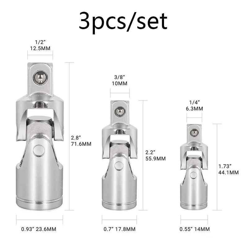 Universal Joint Socket Set 1/4" 3/8" 1/2" CrV Steel Swivel Adapter Socket Adapter Set Richie's Total 3pcs