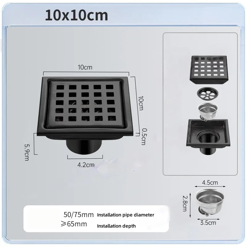 Stainless Steel Tile Insert Floor Drain 150mm – Anti-Odor Floor Drain Richie's black 10x10cm