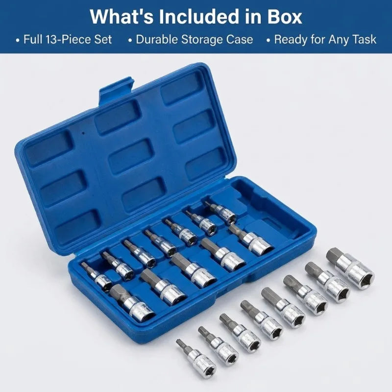 13pc Allen Key Hex Bit Socket Set 1/4" 3/8" 1/2" Drive CRV Steel Socket Wrench Set Richie's