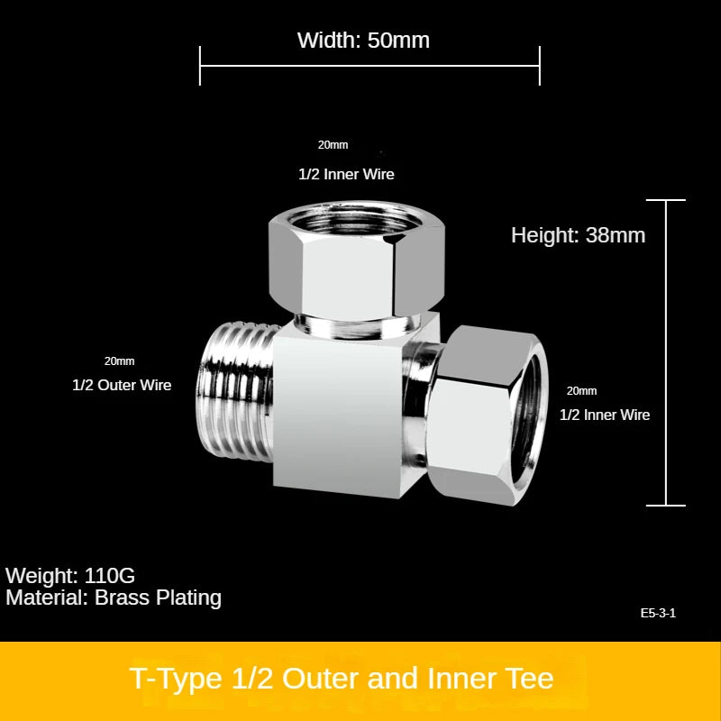 1/2" All-Brass Three-Way Faucet Splitter | 1-In-2-Out Fitting Brass Pipe Fitting Richie's 3