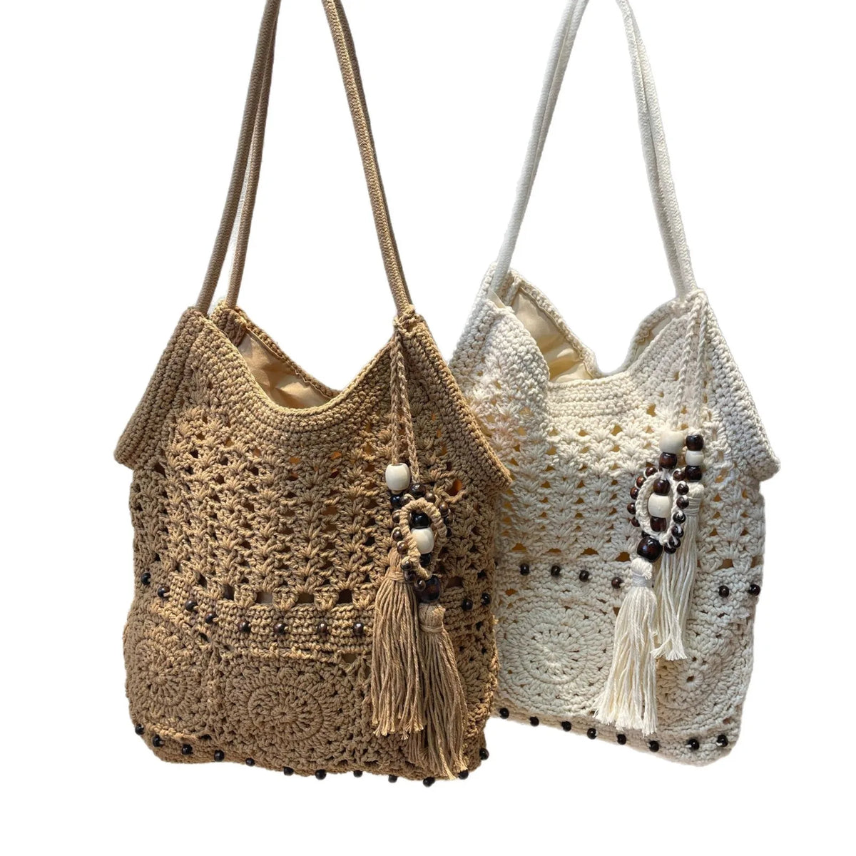 Women's Cotton Woven Shoulder Tote Bag – Wooden Bead Tassel Woven Shoulder Tote Richie's