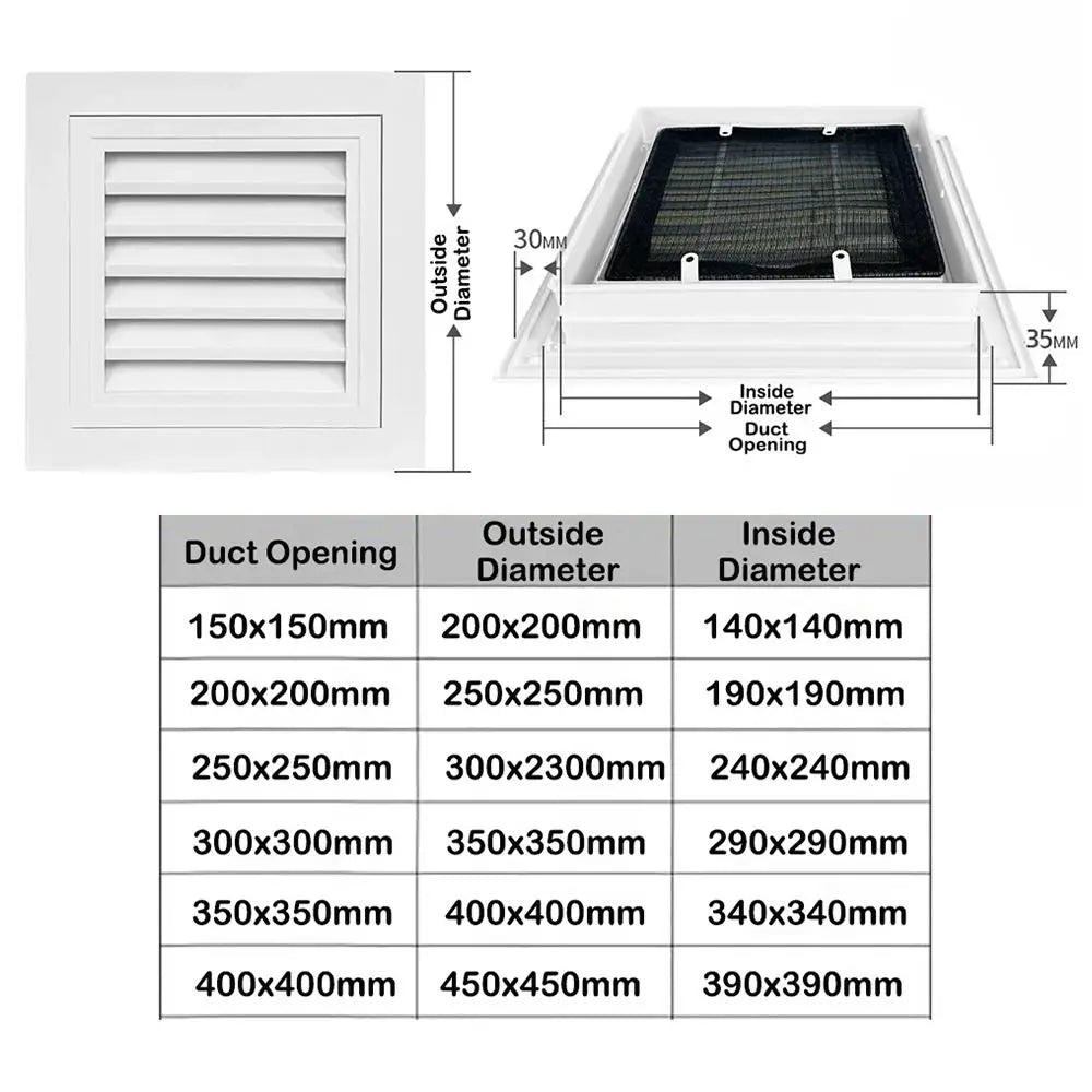 Aluminum Square Air Vent Grille with Mesh – White, 6 Sizes Air Vent Grille Richie's
