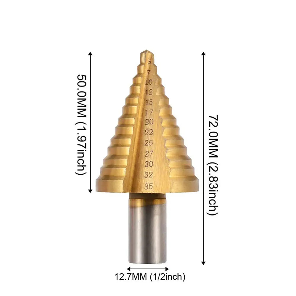 HSS Titanium Step Drill Bit 5–35mm 13-Step Cone Wood Cutter Step Drill Bit Richie's round gold