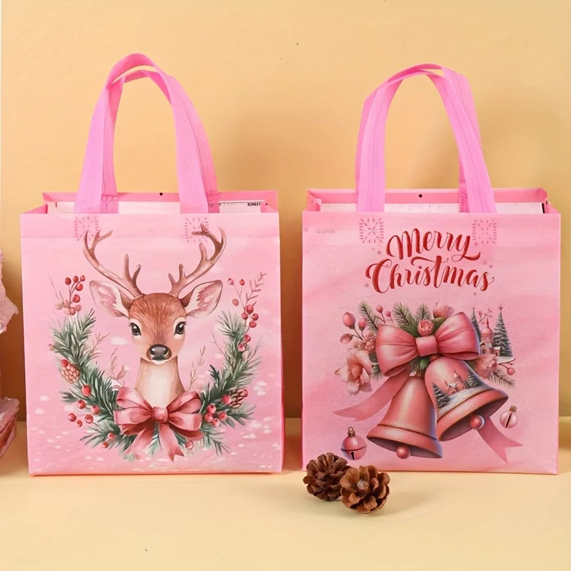 Pink Christmas Tote Bags with Handles | Santa & Elk 4/8 Pcs Christmas Gift Bags Richie's