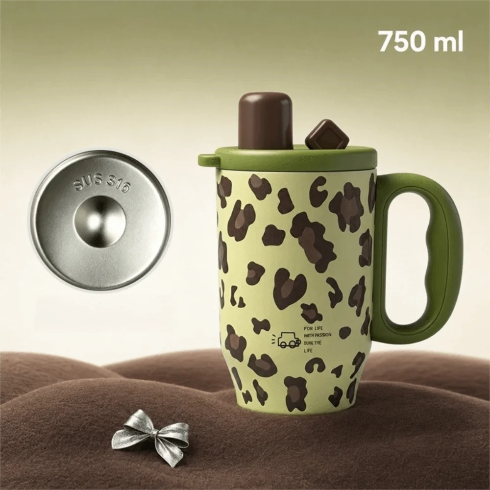 Leopard Print Insulated Tumbler 750ml with Handle & Straw Insulated Travel Tumbler Richie's Green