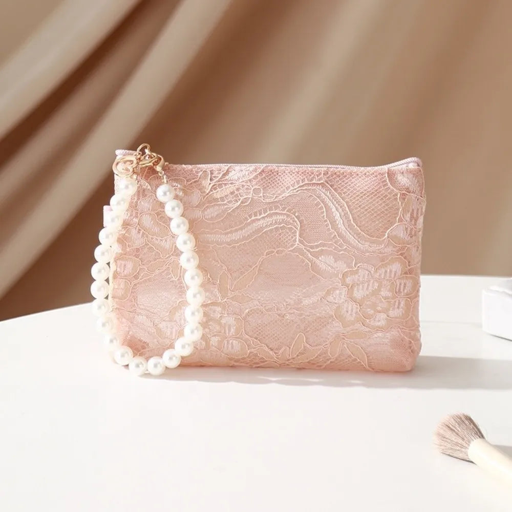 Lace Cosmetic Pouch Pearl Chain Makeup Travel Bag Organizer Cosmetic Travel Pouch Richie's Pink-S