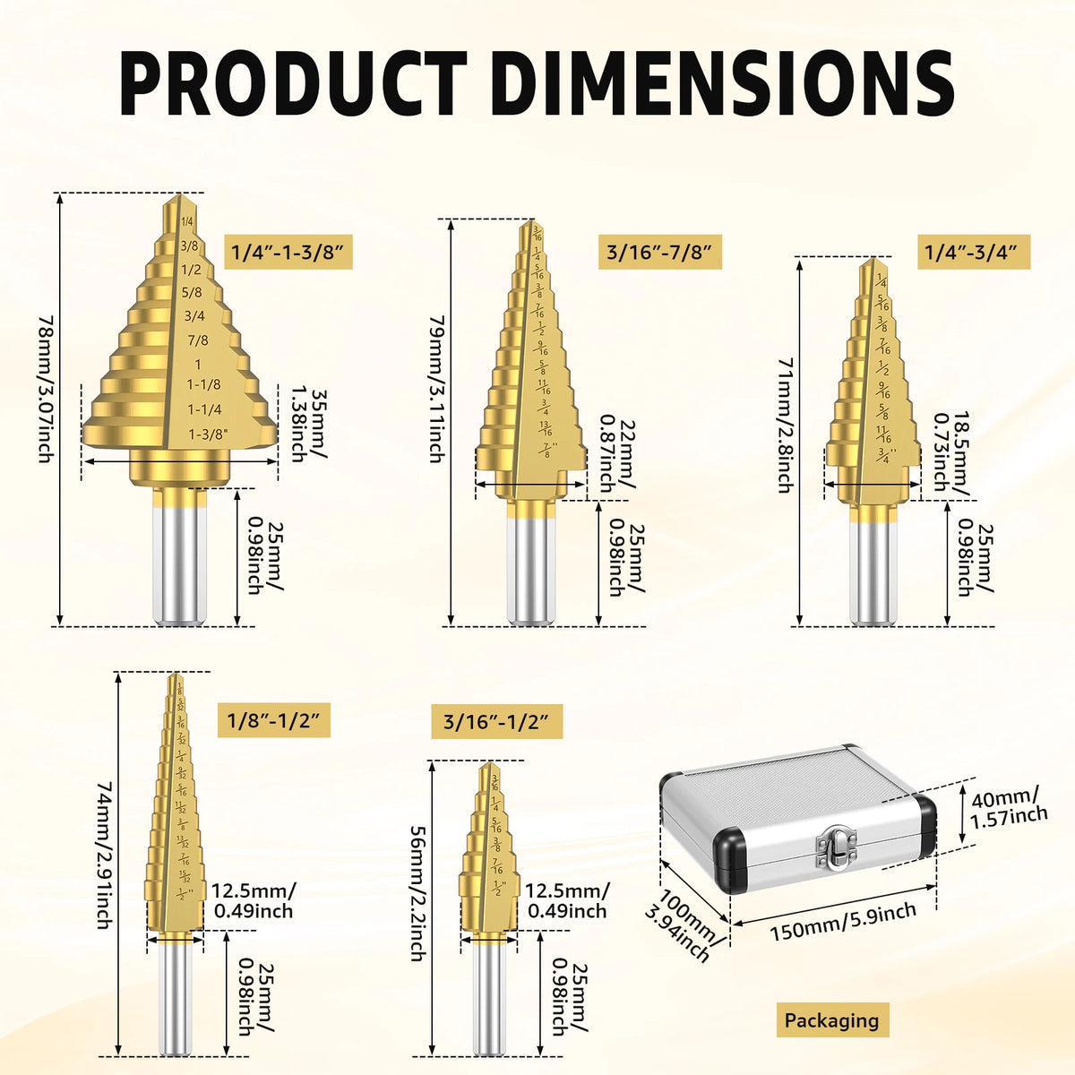 Titanium HSS Step Drill Bit Set – 50 Sizes & Aluminum Case Step Drill Bit Set Richie's set B 5PCS