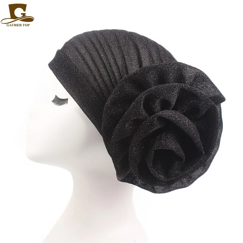 Women Pleated Flower Turban Hat Stretch Hijab Cap Head Wrap Turban Hijab Cap Richie's Black