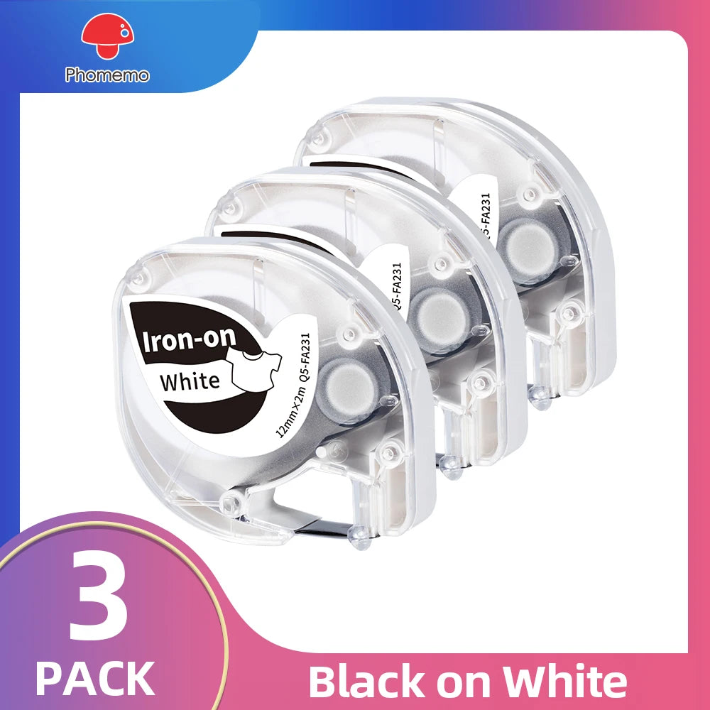 Iron-On Fabric Label Tape 3/5 Pack – Dymo LetraTag & Phomemo P12 Label Maker Tape Richie's 3-Black on White