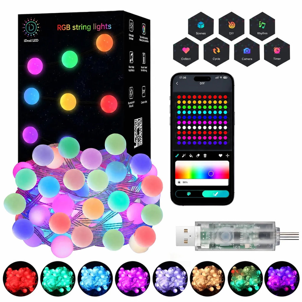 10M Bluetooth RGB Globe String Lights USB App Remote Control RGB String Lights Richie's