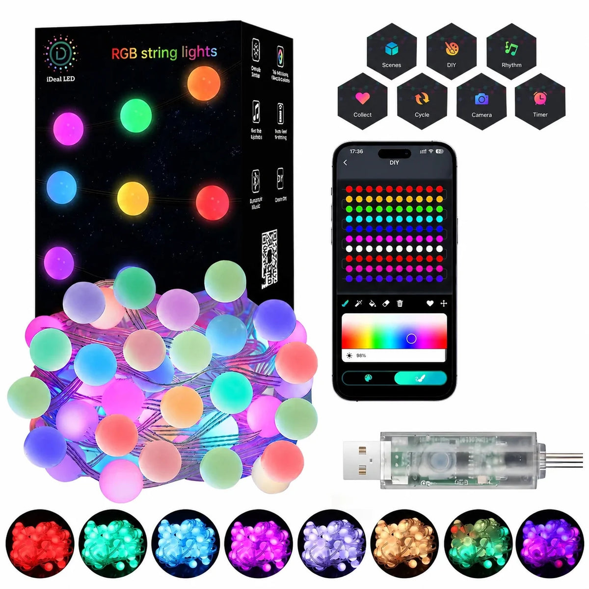 10M Bluetooth RGB Globe String Lights USB App Remote Control RGB String Lights Richie's
