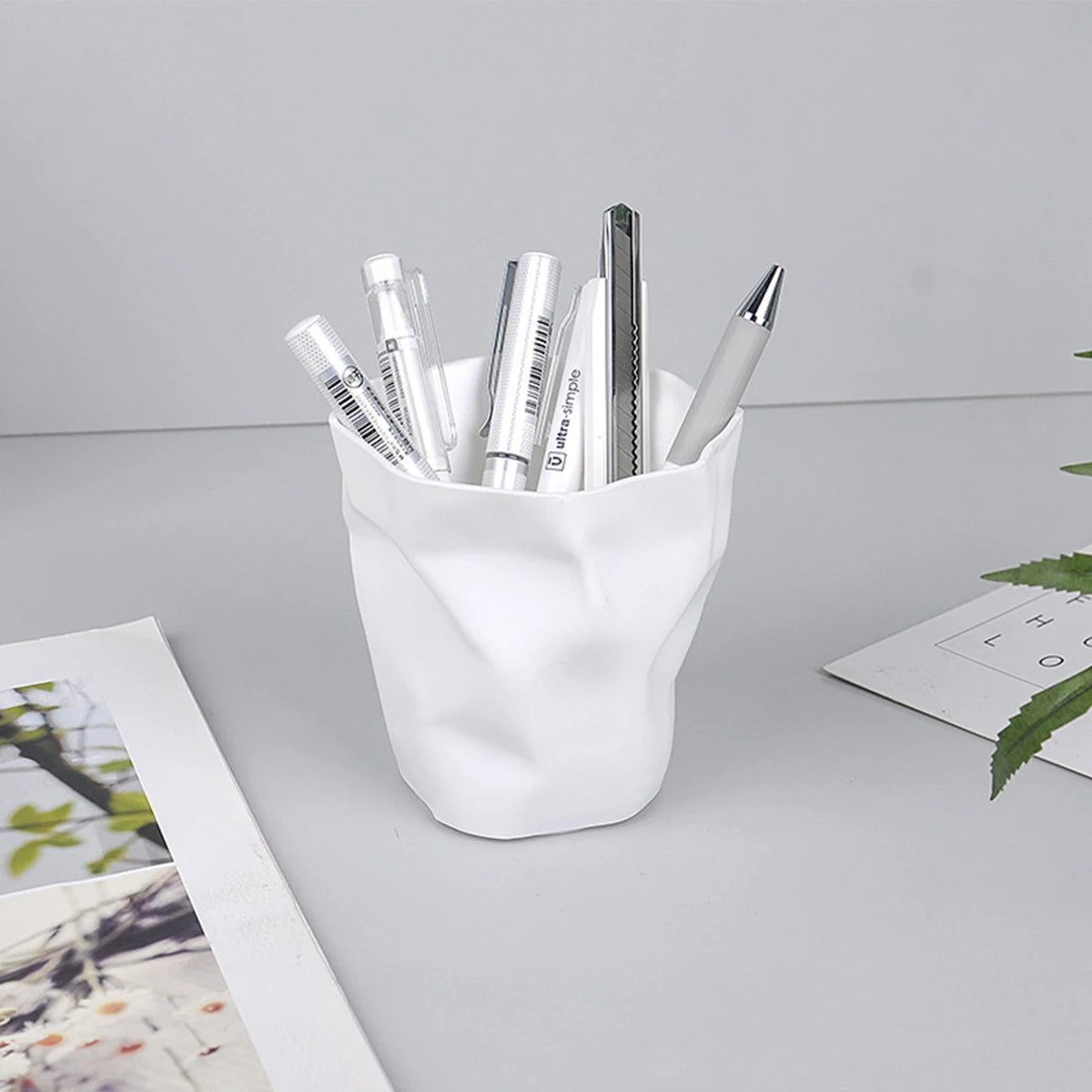 White Crinkle Paper Bag Pen Holder | Minimalist Desk Organizer Desktop Pen Holder Richie's Default Title
