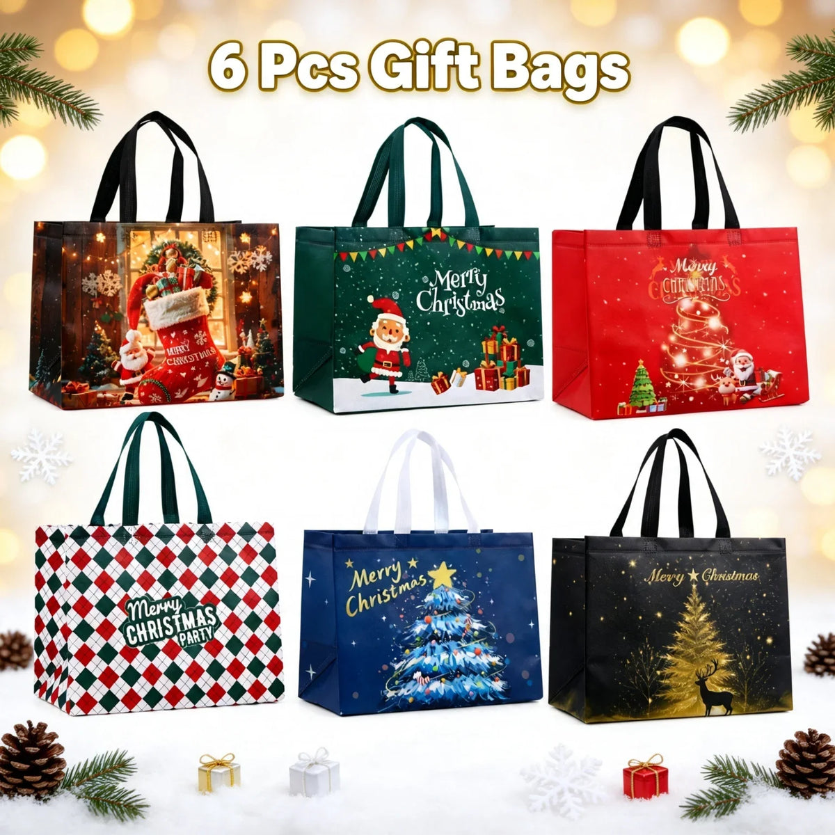 6 Large Christmas Gift Bags Non-Woven Reusable Holiday Totes Christmas Gift Bags Richie's Mixed 6 Pcs