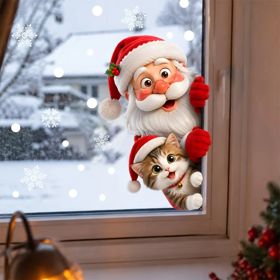 Peeping Santa & Kitten Static Cling Window Sticker | Reusable Xmas Christmas Window Sticker Richie's