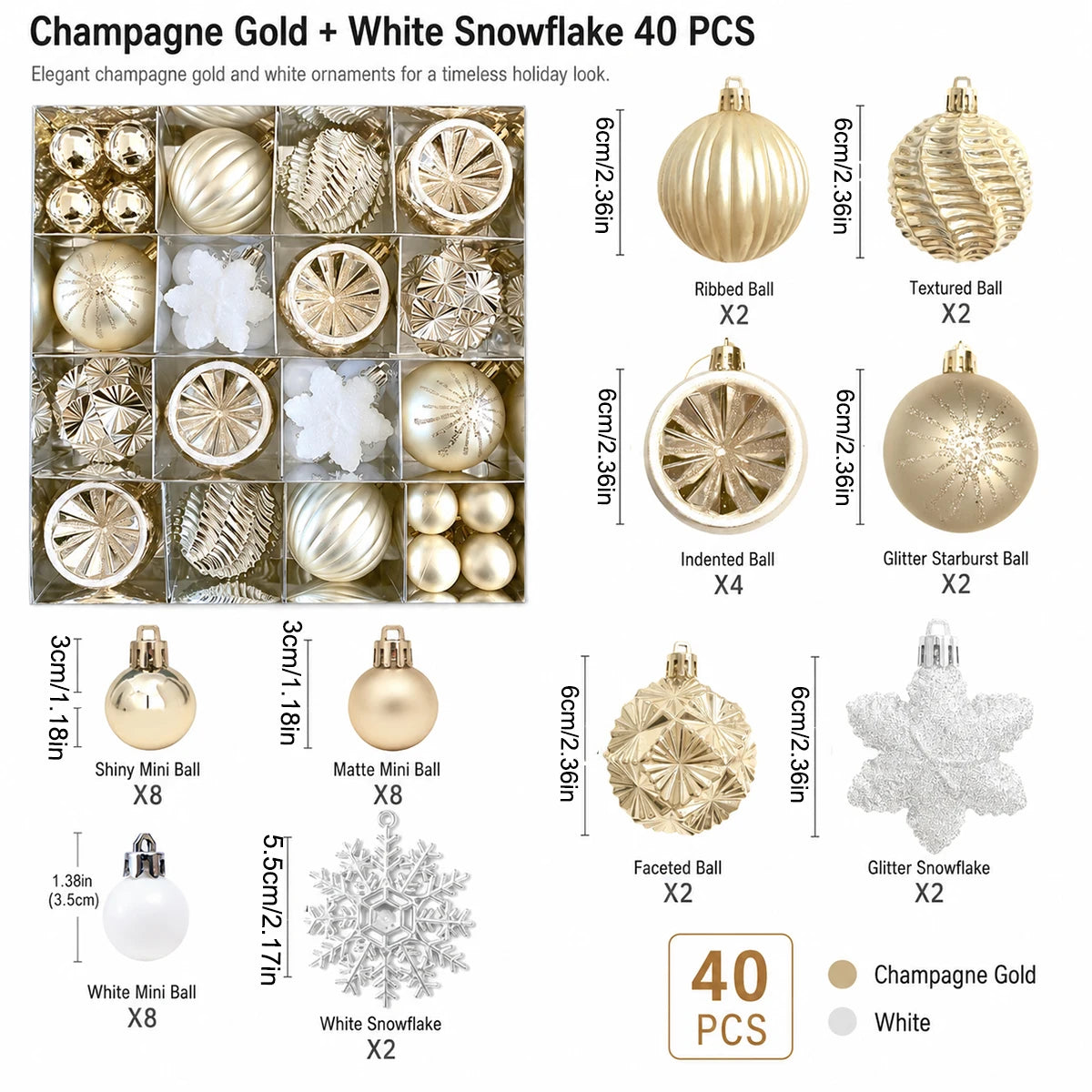 40-Piece Champagne Gold & White Christmas Ornament Set Christmas Ornament Set Richie's Gold Other