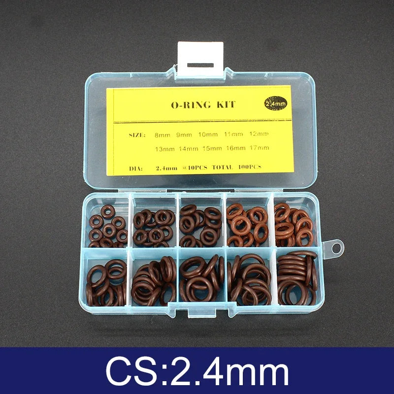 FKM O-Ring Kit 100pcs Fluorine Rubber Gasket Seal Assortment O-Ring Seal Kit Richie's One Box CS 2.4mm