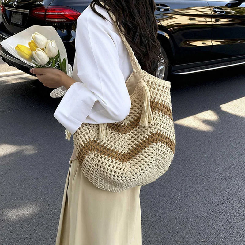 Hollow Flower Woven Cotton Tote Bag – Women's Beach Shoulder Bag Woven Tote Bag Richie's