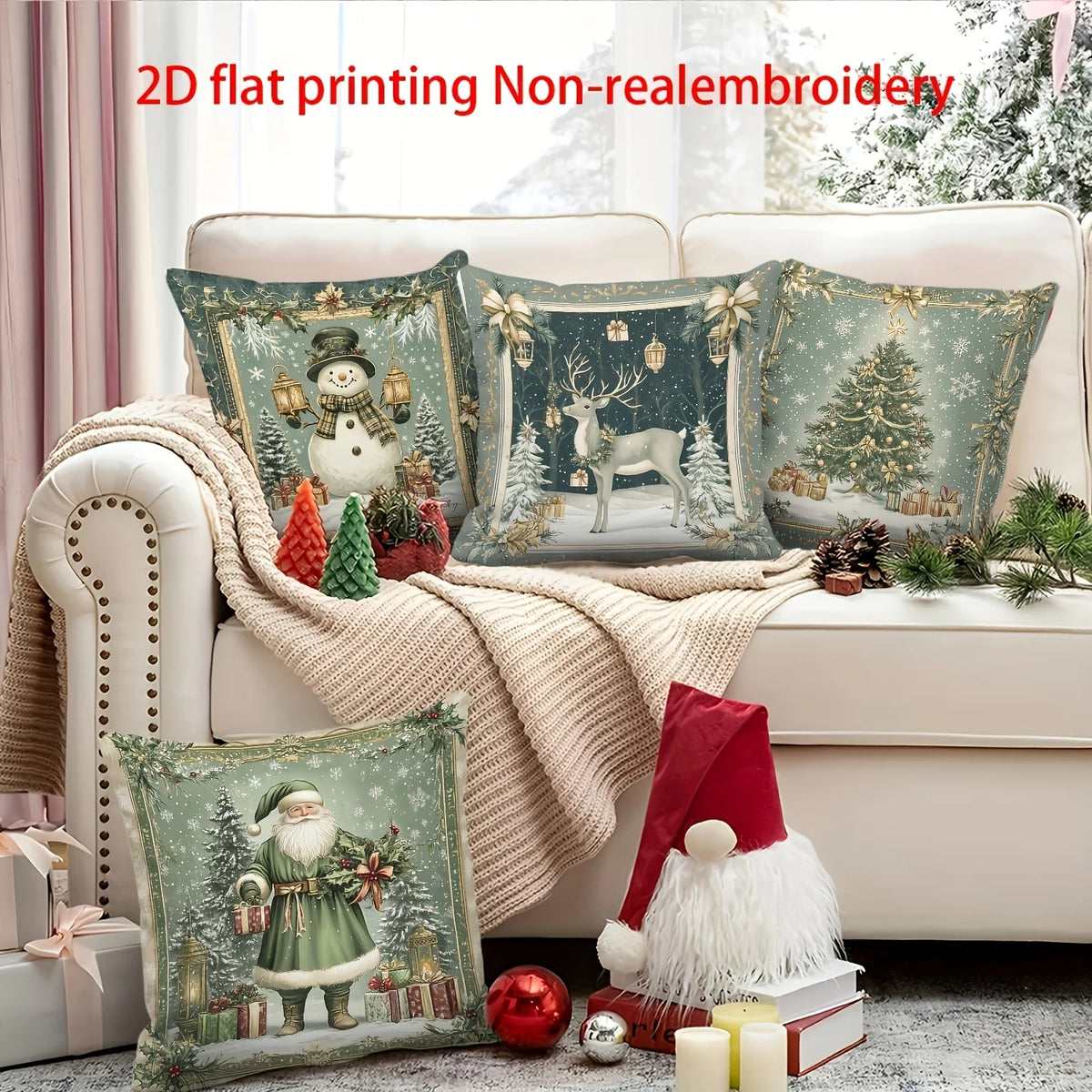 Set of 4 Christmas Cushion Covers – Santa Snowman Elk Print Christmas Cushion Covers Richie's