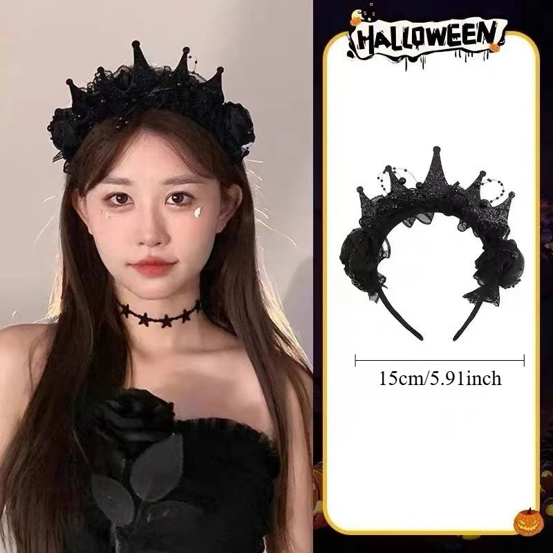 Black Rose Lace Crown Headband – Gothic Halloween Headpiece Costume Hair Accessory Richie's