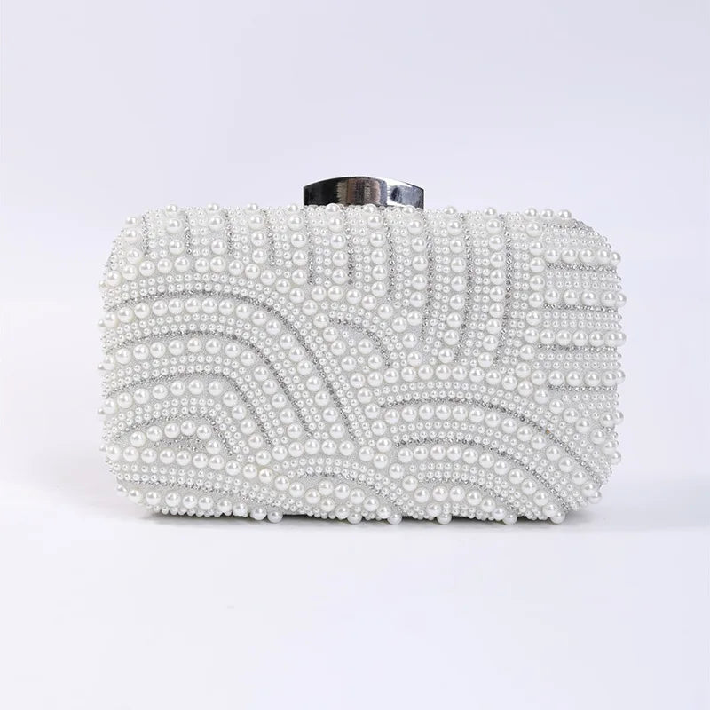 Ladies Pearl Beaded Evening Clutch Bag with Long Chain Evening Clutch Bag Richie's Silver