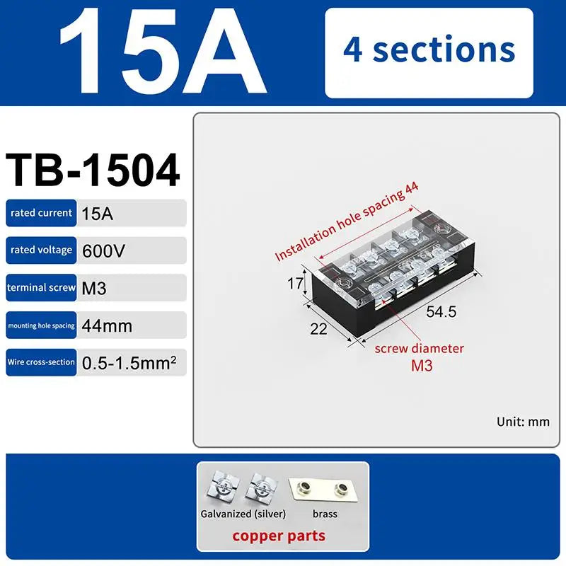 Dual Row Barrier Screw Terminal Block 15A 600V TB Series Screw Terminal Block Richie's TB1504