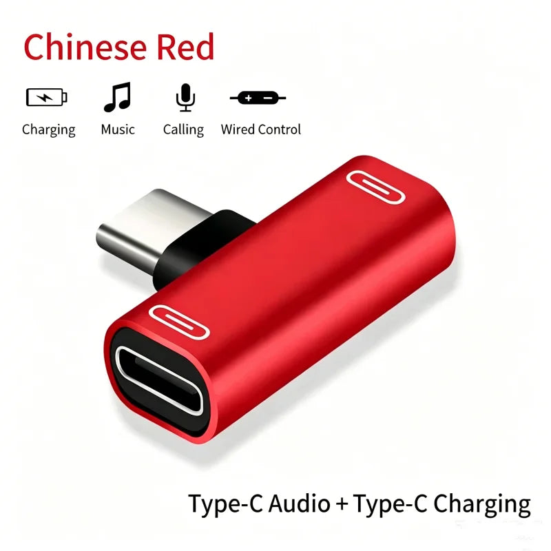 90° USB-C Audio & Charging Splitter Adapter | 2-in-1 L-Shape USB-C Splitter Adapter Richie's Dual Type-C Red