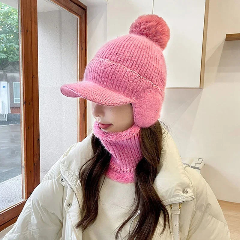 Women's Knitted Earflap Hat with Pompom – Winter Earmuff Cap Winter Knit Hat Richie's