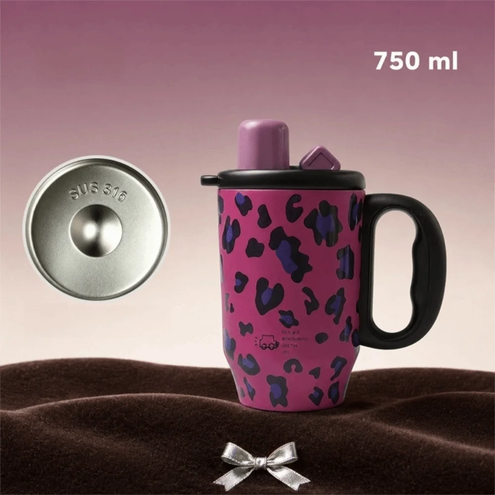 Leopard Print Insulated Tumbler 750ml with Handle & Straw Insulated Travel Tumbler Richie's Rose Red